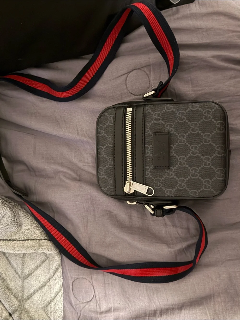Gucci Black GG Supreme Belt/Crossbody Bag with Red-Blue Web Strap